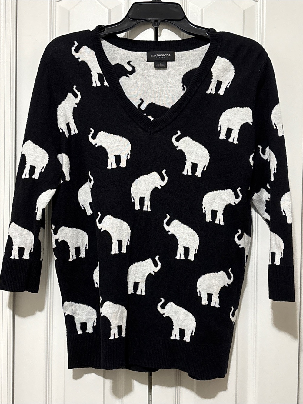 Liz Claiborne Black V-Neck Sweater with White Elephant Motif
